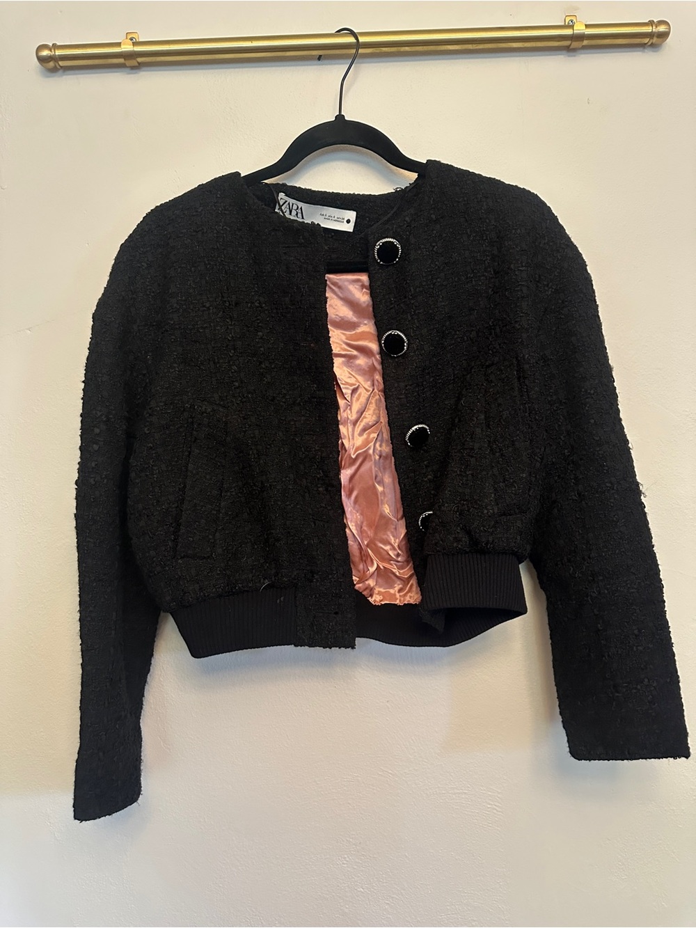 Zara Black Cropped Bouclé Bomber Jacket with Pink Lining SMALL